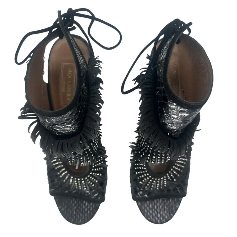 Aquazzura Sexy Thing Black Python Studded Fringe Stiletto Sandals Women's 38.5